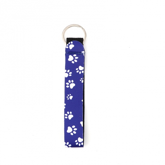 Picture of Neoprene Pet Memorial Keychain & Keyring Silver Tone Royal Blue Rectangle Paw Claw 15.5cm, 2 PCs