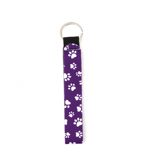 Picture of Neoprene Pet Memorial Keychain & Keyring Silver Tone Purple Rectangle Paw Claw 15.5cm, 2 PCs