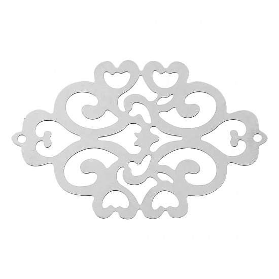 Picture of 304 Stainless Steel Filigree Stamping Connectors Findings Rhombus Silver Tone Heart Pattern Hollow 49mm(1 7/8") x 33mm(1 2/8"), 1 Piece