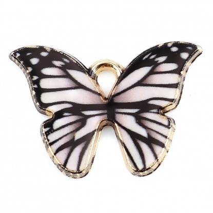 Bild von Zinklegierung Insekt Charms Schmetterling Vergoldet Schwarz & Weiß Emaille 22mm x 15mm, 10 Stück