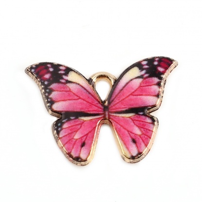 Bild von Zinklegierung Insekt Charms Schmetterling Vergoldet Rosa Emaille 22mm x 15mm, 10 Stück