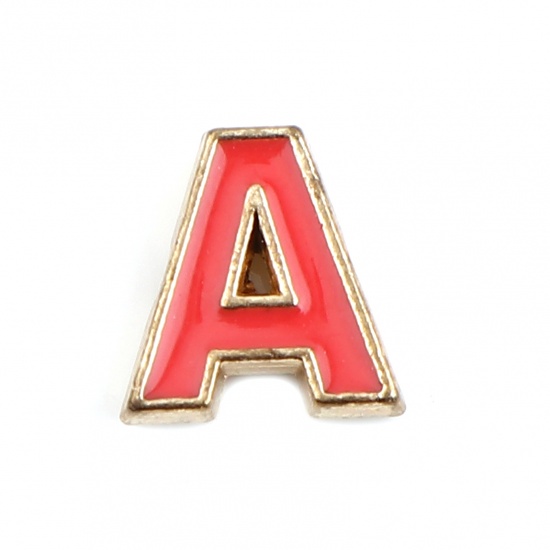 Picture of Zinc Based Alloy Spacer Beads Capital Alphabet/ Letter Hot Pink Message " A " Enamel About 10mm x 10mm, Hole: Approx 1.5mm, 10 PCs