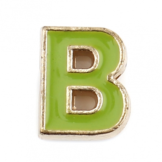 Picture of Zinc Based Alloy Spacer Beads Capital Alphabet/ Letter Green Message " B " Enamel About 10mm x 8mm, Hole: Approx 1.5mm, 10 PCs