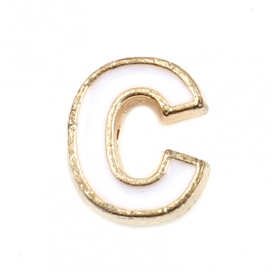 Picture of Zinc Based Alloy Spacer Beads Capital Alphabet/ Letter White Message " C " Enamel About 10mm x 8mm, Hole: Approx 1.5mm, 10 PCs