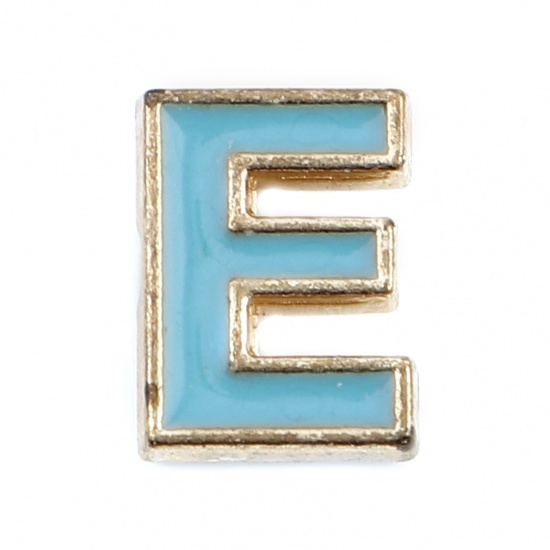 Picture of Zinc Based Alloy Spacer Beads Capital Alphabet/ Letter Blue Message " E " Enamel About 10mm x 7mm, Hole: Approx 1.5mm, 10 PCs
