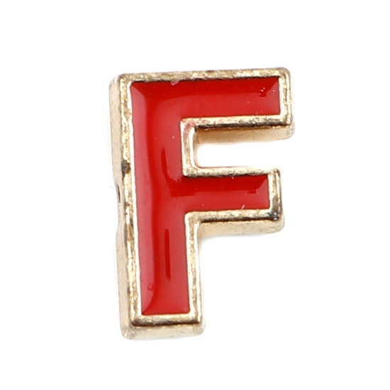 Picture of Zinc Based Alloy Spacer Beads Capital Alphabet/ Letter Red Message " F " Enamel About 10mm x 7mm, Hole: Approx 1.5mm, 10 PCs