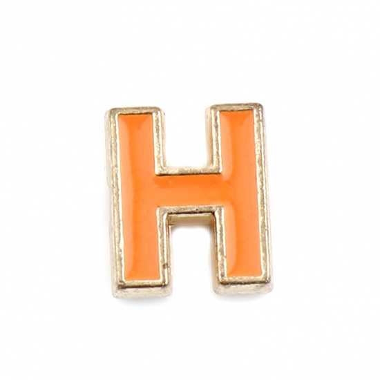 Picture of Zinc Based Alloy Spacer Beads Capital Alphabet/ Letter Orange Message " H " Enamel About 10mm x 8mm, Hole: Approx 1.5mm, 10 PCs