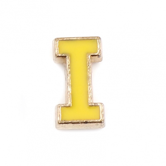 Picture of Zinc Based Alloy Spacer Beads Capital Alphabet/ Letter Yellow Message " I " Enamel About 10mm x 5mm, Hole: Approx 1.5mm, 10 PCs