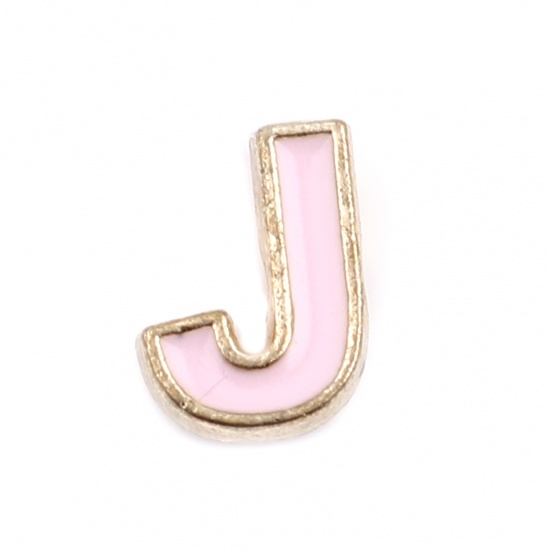 Picture of Zinc Based Alloy Spacer Beads Capital Alphabet/ Letter Light Pink Message " J " Enamel About 10mm x 7mm, Hole: Approx 1.5mm, 10 PCs