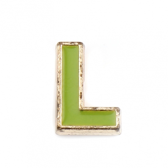Picture of Zinc Based Alloy Spacer Beads Capital Alphabet/ Letter Green Message " L " Enamel About 10mm x 7mm, Hole: Approx 1.5mm, 10 PCs