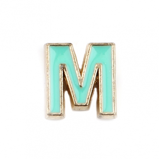 Picture of Zinc Based Alloy Spacer Beads Capital Alphabet/ Letter Cyan Message " M " Enamel About 10mm x 9mm, Hole: Approx 1.5mm, 10 PCs