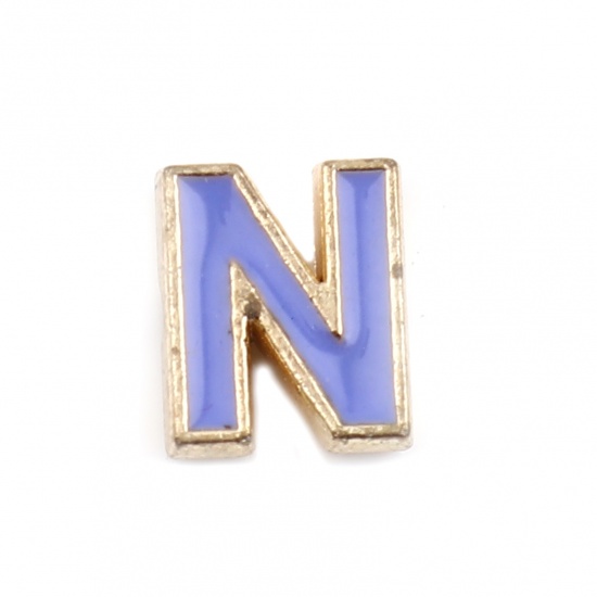 Picture of Zinc Based Alloy Spacer Beads Capital Alphabet/ Letter Blue Violet Message " N " Enamel About 10mm x 8mm, Hole: Approx 1.5mm, 10 PCs
