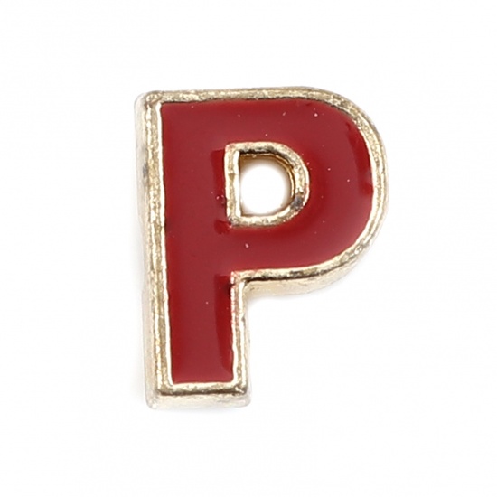 Picture of Zinc Based Alloy Spacer Beads Capital Alphabet/ Letter Dark Red Message " P " Enamel About 9mm x 7mm, Hole: Approx 1.5mm, 10 PCs