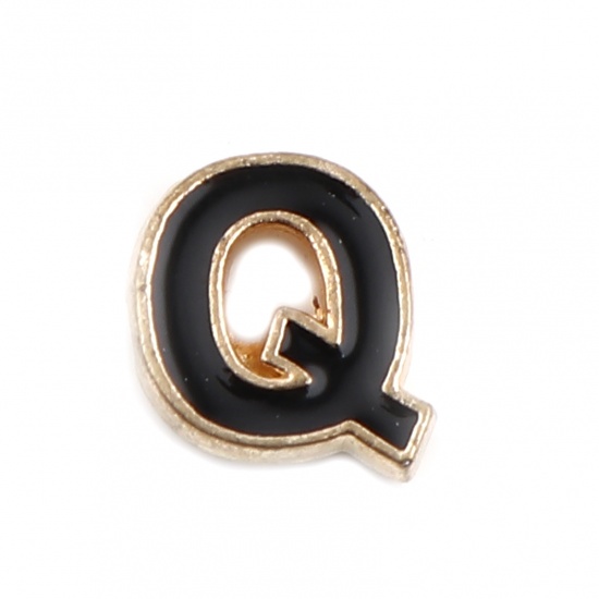 Picture of Zinc Based Alloy Spacer Beads Capital Alphabet/ Letter Black Message " Q " Enamel About 10mm x 9mm, Hole: Approx 1.5mm, 10 PCs