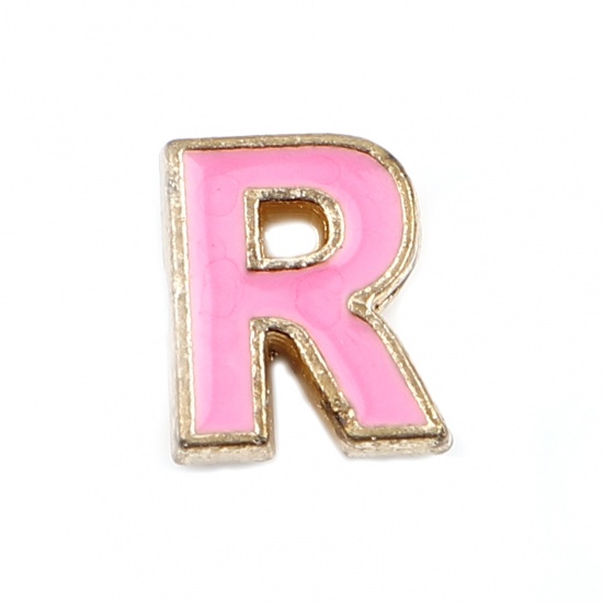 Picture of Zinc Based Alloy Spacer Beads Capital Alphabet/ Letter Pink Message " R " Enamel About 10mm x 8mm, Hole: Approx 1.5mm, 10 PCs