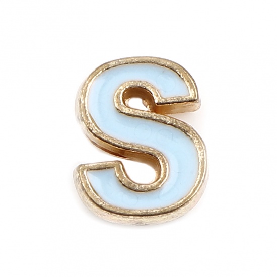 Picture of Zinc Based Alloy Spacer Beads Capital Alphabet/ Letter Light Blue Message " S " Enamel About 10mm x 8mm, Hole: Approx 1.5mm, 10 PCs