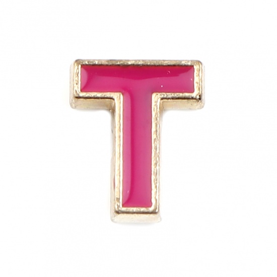 Picture of Zinc Based Alloy Spacer Beads Capital Alphabet/ Letter Fuchsia Message " T " Enamel About 10mm x 8mm, Hole: Approx 1.5mm, 10 PCs