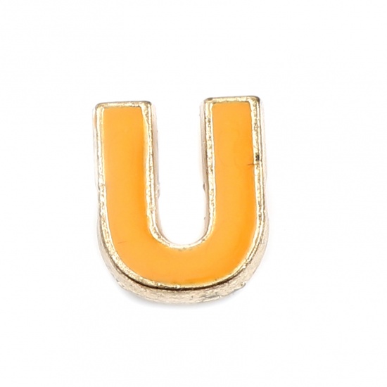 Picture of Zinc Based Alloy Spacer Beads Capital Alphabet/ Letter Orange Message " U " Enamel About 10mm x 8mm, Hole: Approx 1.5mm, 10 PCs