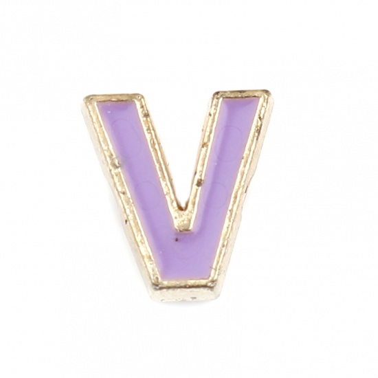 Picture of Zinc Based Alloy Spacer Beads Capital Alphabet/ Letter Mauve Message " V " Enamel About 10mm x 9mm, Hole: Approx 1.5mm, 10 PCs