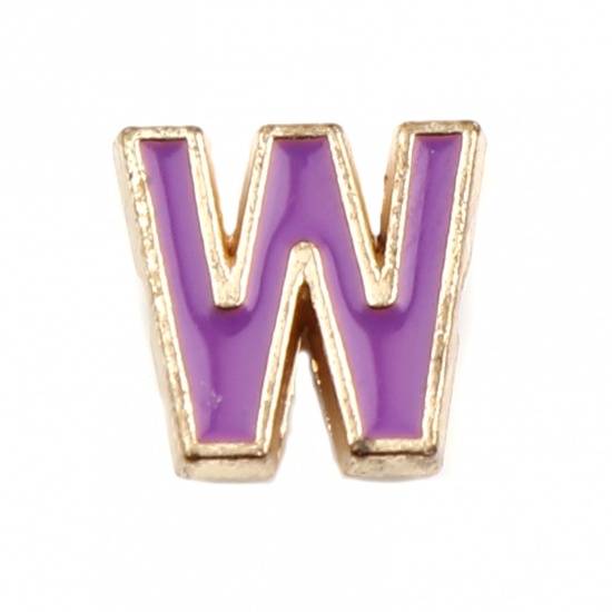 Picture of Zinc Based Alloy Spacer Beads Capital Alphabet/ Letter Purple Message " W " Enamel About 10mm x 10mm, Hole: Approx 1.5mm, 10 PCs