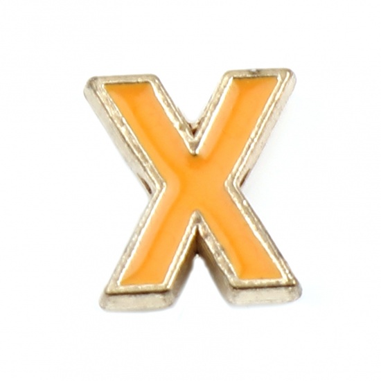 Picture of Zinc Based Alloy Spacer Beads Capital Alphabet/ Letter Orange Message " X " Enamel About 10mm x 9mm, Hole: Approx 1.5mm, 10 PCs