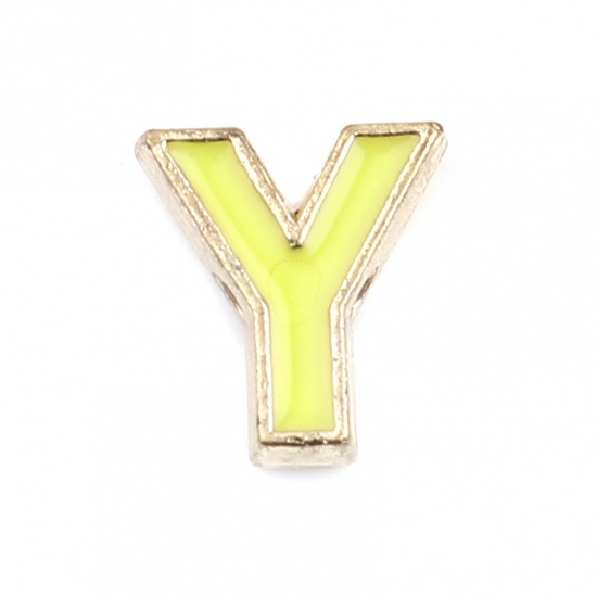 Picture of Zinc Based Alloy Spacer Beads Capital Alphabet/ Letter Yellow Message " Y " Enamel About 10mm x 9mm, Hole: Approx 1.5mm, 10 PCs
