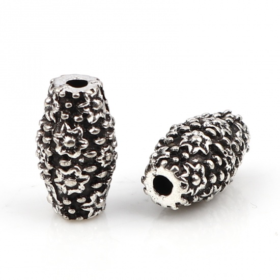 Picture of Zinc Based Alloy Spacer Beads Barrel Antique Silver Color Flower About 13mm x 8mm, Hole: Approx 2mm, 10 PCs