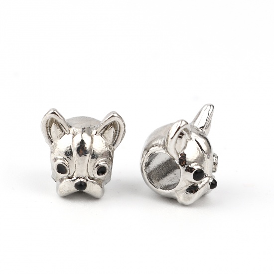 Picture of Zinc Based Alloy Large Hole Charm Beads Silver Tone Black French Bulldog Enamel 13mm x 11mm, Hole: Approx 5.1mm, 10 PCs
