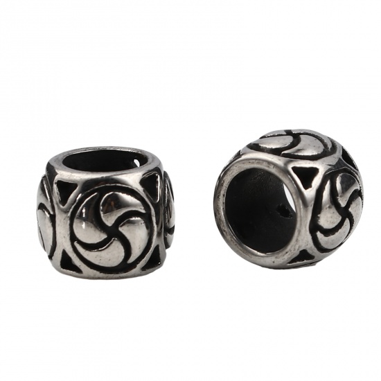 Immagine di Acciaio Inossidabile Perline Tamburo Argento Antico Tondo 12mm x 9.5mm, Buco: Circa 7mm, 1 Pz