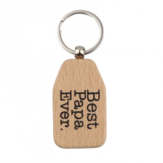 Picture of Wood Keychain & Keyring Natural Geometric Message " Best Papa Ever " 95mm, 1 Piece