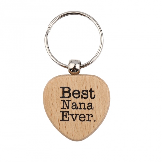 Picture of Wood Keychain & Keyring Natural Heart Message " Best Nana Ever " 80mm, 1 Piece