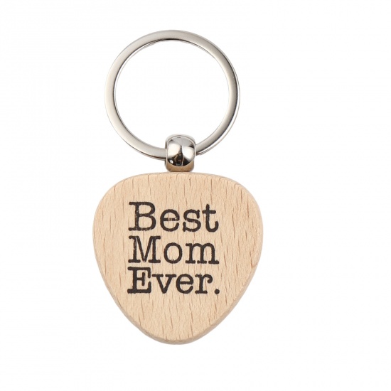 Picture of Wood Keychain & Keyring Natural Heart Message " Best Mom Ever " 80mm, 1 Piece
