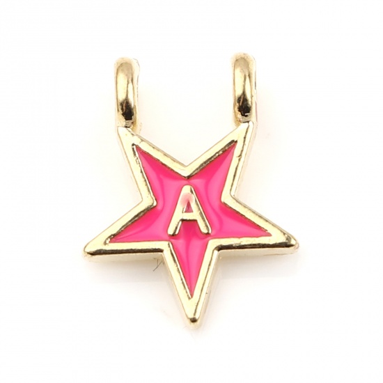 Picture of Zinc Based Alloy Charms Star Gold Plated Neon Pink Initial Alphabet/ Capital Letter Message " A " Enamel 15mm x 11mm, 10 PCs