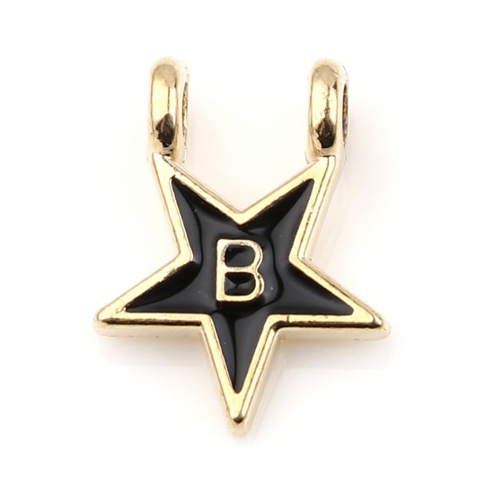 Picture of Zinc Based Alloy Charms Star Gold Plated Black Initial Alphabet/ Capital Letter Message " B " Enamel 15mm x 11mm, 10 PCs