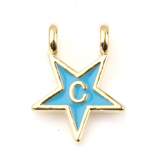 Picture of Zinc Based Alloy Charms Star Gold Plated Blue Initial Alphabet/ Capital Letter Message " C " Enamel 15mm x 11mm, 10 PCs