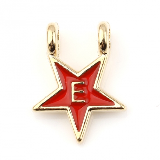Picture of Zinc Based Alloy Charms Star Gold Plated Red Initial Alphabet/ Capital Letter Message " E " Enamel 15mm x 11mm, 10 PCs
