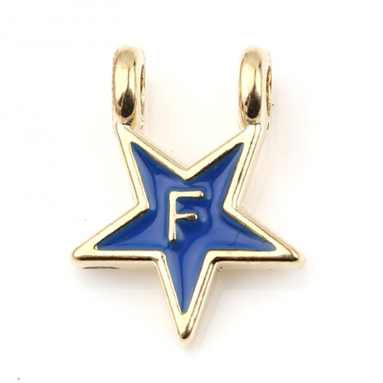 Picture of Zinc Based Alloy Charms Star Gold Plated Dark Blue Initial Alphabet/ Capital Letter Message " F " Enamel 15mm x 11mm, 10 PCs