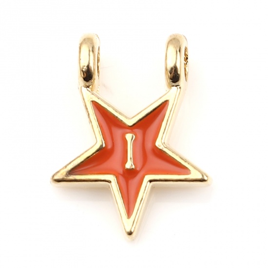 Picture of Zinc Based Alloy Charms Star Gold Plated Orange Initial Alphabet/ Capital Letter Message " I " Enamel 15mm x 11mm, 10 PCs