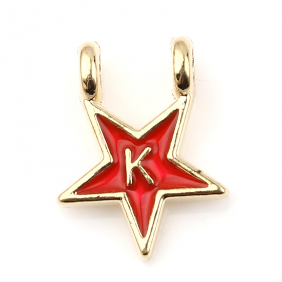 Picture of Zinc Based Alloy Charms Star Gold Plated Red Initial Alphabet/ Capital Letter Message " K " Enamel 15mm x 11mm, 10 PCs