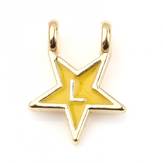 Picture of Zinc Based Alloy Charms Star Gold Plated Yellow Initial Alphabet/ Capital Letter Message " L " Enamel 15mm x 11mm, 10 PCs