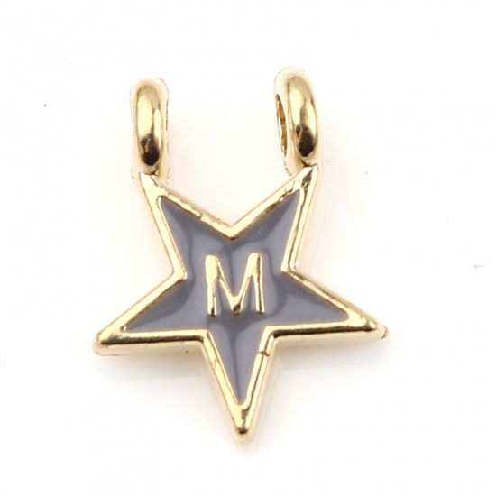 Picture of Zinc Based Alloy Charms Star Gold Plated Gray Initial Alphabet/ Capital Letter Message " M " Enamel 15mm x 11mm, 10 PCs