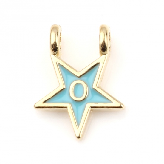 Picture of Zinc Based Alloy Charms Star Gold Plated Light Blue Initial Alphabet/ Capital Letter Message " O " Enamel 15mm x 11mm, 10 PCs