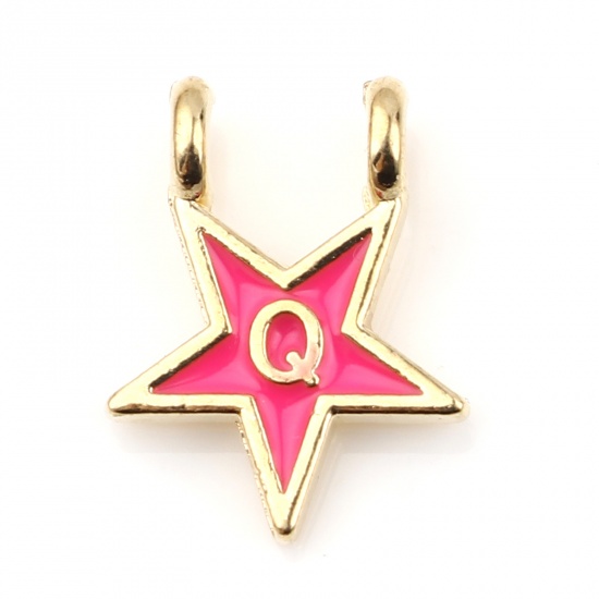 Picture of Zinc Based Alloy Charms Star Gold Plated Neon Pink Initial Alphabet/ Capital Letter Message " Q " Enamel 15mm x 11mm, 10 PCs