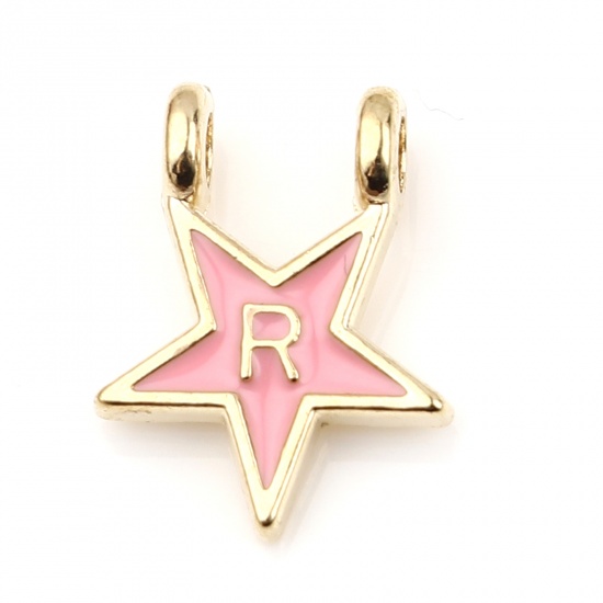 Picture of Zinc Based Alloy Charms Star Gold Plated Pink Initial Alphabet/ Capital Letter Message " R " Enamel 15mm x 11mm, 10 PCs