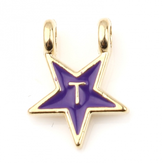 Picture of Zinc Based Alloy Charms Star Gold Plated Blue Violet Initial Alphabet/ Capital Letter Message " T " Enamel 15mm x 11mm, 10 PCs