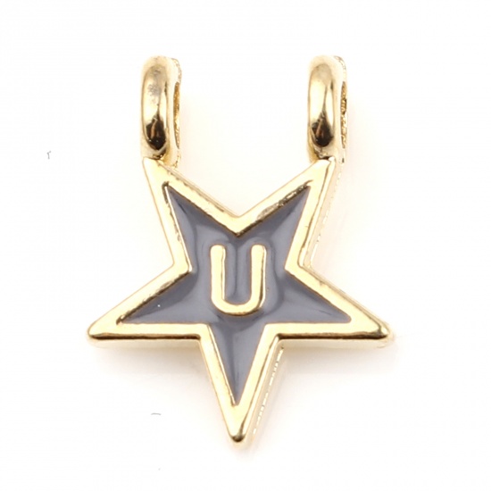 Picture of Zinc Based Alloy Charms Star Gold Plated Gray Initial Alphabet/ Capital Letter Message " U " Enamel 15mm x 11mm, 10 PCs