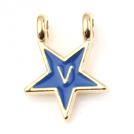 Picture of Zinc Based Alloy Charms Star Gold Plated Dark Blue Initial Alphabet/ Capital Letter Message " V " Enamel 15mm x 11mm, 10 PCs