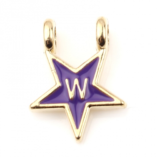 Picture of Zinc Based Alloy Charms Star Gold Plated Blue Violet Initial Alphabet/ Capital Letter Message " W " Enamel 15mm x 11mm, 10 PCs