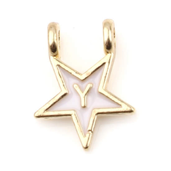 Picture of Zinc Based Alloy Charms Star Gold Plated White Initial Alphabet/ Capital Letter Message " Y " Enamel 15mm x 11mm, 10 PCs