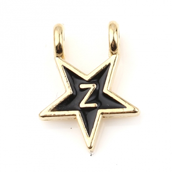 Picture of Zinc Based Alloy Charms Star Gold Plated Black Initial Alphabet/ Capital Letter Message " Z " Enamel 15mm x 11mm, 10 PCs